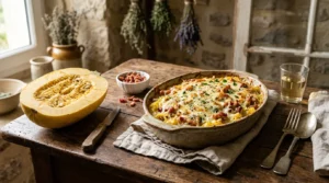Courge spaghetti à la carbonara gratinée