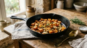 Poêlée de patates douces sautées aux oignons, à l'ail et au thym