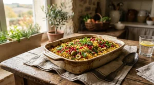 Riz au four parfumé à la menthe, grenade et olives vertes