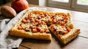 Tarte à la patate douce, potimarron, chèvre et amandes effilées