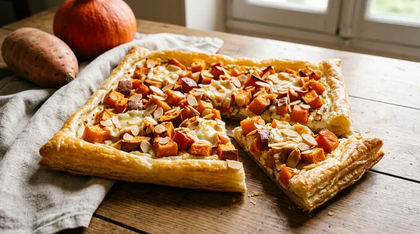Tarte à la patate douce, potimarron, chèvre et amandes effilées